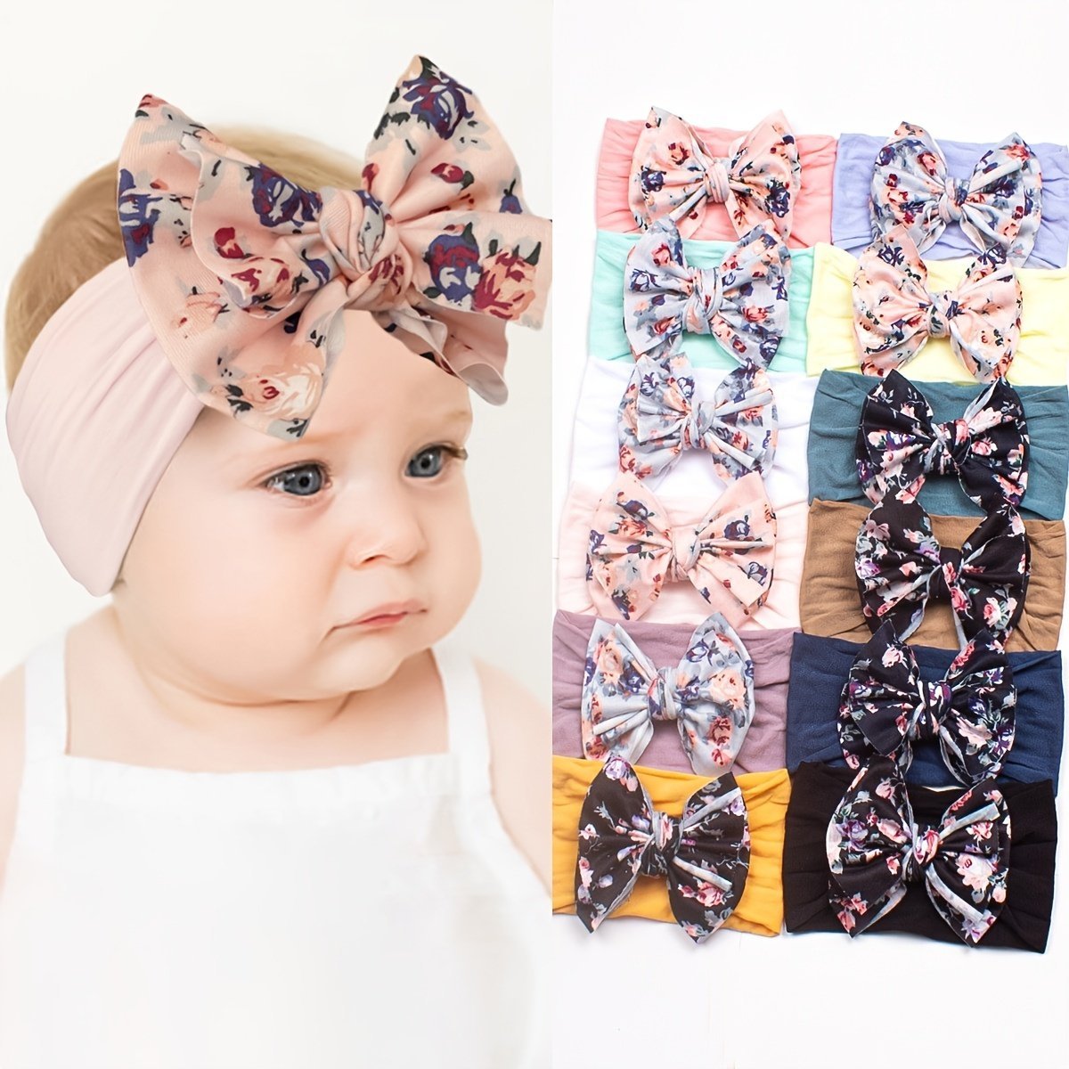 product-Fancyalgo-VirtualModelMatting-f8b30060dbc93b1cc1205ce5eb84d727.jpg 1Pc Baby Girls Floral Bow Decor Nylon Headbands Head Wraps Elastics Hairbands Hair Accessories For Newborn Infant Toddlers Gift - Image 1