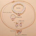 1Set Cute Pearl Butterfly Trendy Necklace Earrings Pearl Bracelet Ring Set For Girls - Image 5