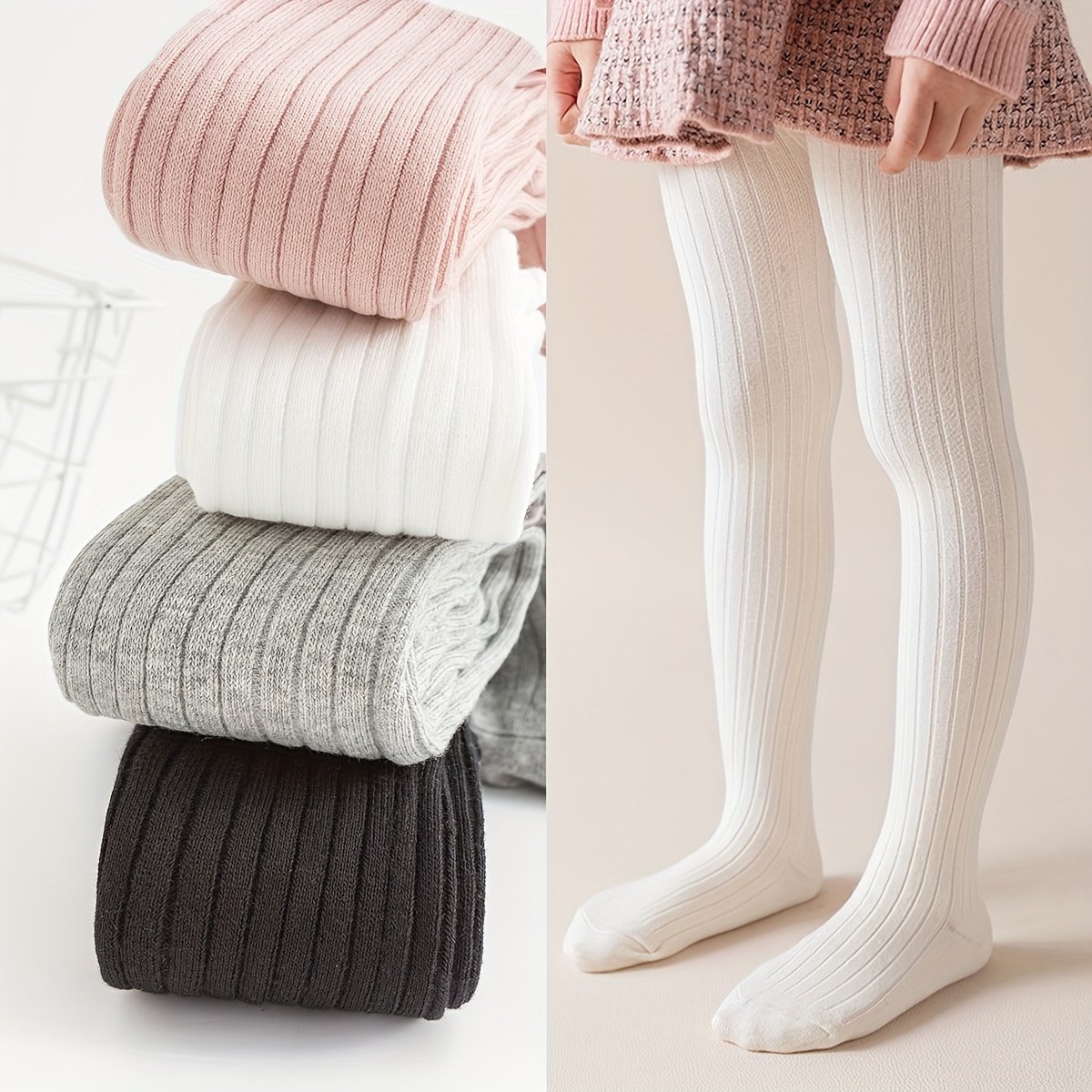 product-fancy-6bc3fbe3-95f2-4b56-8b53-415f6289b637.jpg 1 Pair Girls' Spring/Fall Tights - Solid Color Ribbed Knit Leggings With Elastic Waistband, Breathable Nylon & Spandex Blend For Dresses, Casual Attire, Hand Wash Only, Cute Tights, Dress Companion, Minimalist Style, Soft Texture - Image 1