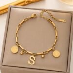 1Pc 'S Gold Plated Plated Stainless Steel Initial Pendant Interlocking Link Bracelet - Monogram Letter Jewelry Gift For Girls,, Birthday, Anniversary, Everyday & Special Occasions, Dainty Golden Chain With Initials (Spherical Beads & Interlocking Clasp) - Stylish & Durable Jewelry Accessory, For Teenager