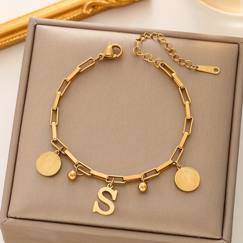 product-fancy-af1c179d-8fdb-40e9-83e5-5e9c361ec3ec.jpg 1Pc 'S Gold Plated Plated Stainless Steel Initial Pendant Interlocking Link Bracelet - Monogram Letter Jewelry Gift For Girls,, Birthday, Anniversary, Everyday & Special Occasions, Dainty Golden Chain With Initials (Spherical Beads & Interlocking Clasp) - Stylish & Durable Jewelry Accessory, For Teenager - Image 1