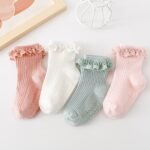4 Pairs Youngsters' Princess Non-Slip Socks - Soft Knit Lace-Trimmed Toe & Heel, Breathable All-Season Floor Socks For Girls, Valentine'S Day Gift (Pink, White, Light Blue), Baby Socks, Playful Baby Design, Ribbed Texture - Image 3
