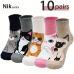 5 Or 10 Pairs Girls' Cute Anime Cat Socks - Ankle-Length With Multi-Cat Designs (Black, Tabby, White) - Soft Polyester Everyday Winter & Fall Socks For Teen Girls - Machine Washable - Perfect Gift For Cat Lovers, Teenage Footwear, Playful Sock Designs, Knitted Texture, For Teenager - Image 2