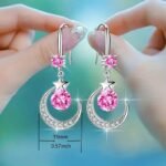 Shiny Moon & Star Theme Drop Eearrings With Inlaid Round Cut Shiny Zircon Pendant, Elegant Hook Earrings For Valentine'S Day Gift - Image 3