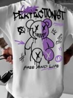 Men'S Streetwear Graphic T-Shirt - Loose Fit Round Neck Summer Tee With Bold "Perfect Not" Bear & Hearts Design, Light Blue Casual Urban Fashion Top For Casual Attire, Streetwear Fashion | Bold Graphic Tee | Comfortable Fit, T Shirt Stylish - Image 11