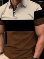 1Pc Men'S Summer Casual Short Sleeve Polo Shirt - Polyester Knit Fabric With Slight Stretch, All Over Print Lapel Collar, Button Detail, Regular Fit - Trendy Multi-Color Short Sleeve Polo Top - Image 11