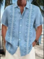 Men'S Vintage Leaf Pattern Button-Up Shirt With Chest Pocket - Light Blue Short Sleeve, Summer Resort Wear, Polyester Fabric, Classic Collar Design, Vacation Clothing | Weave Texture | Glossy Finish, Plus Size - Image 2