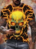 Men'S 3D Flaming Skull Graphic T-Shirt - Casual Comfort Fit, Short Sleeve Pullover, Polyester Blend, Machine Washable, Summer Outdoor Wear, Plus Size - Image 2