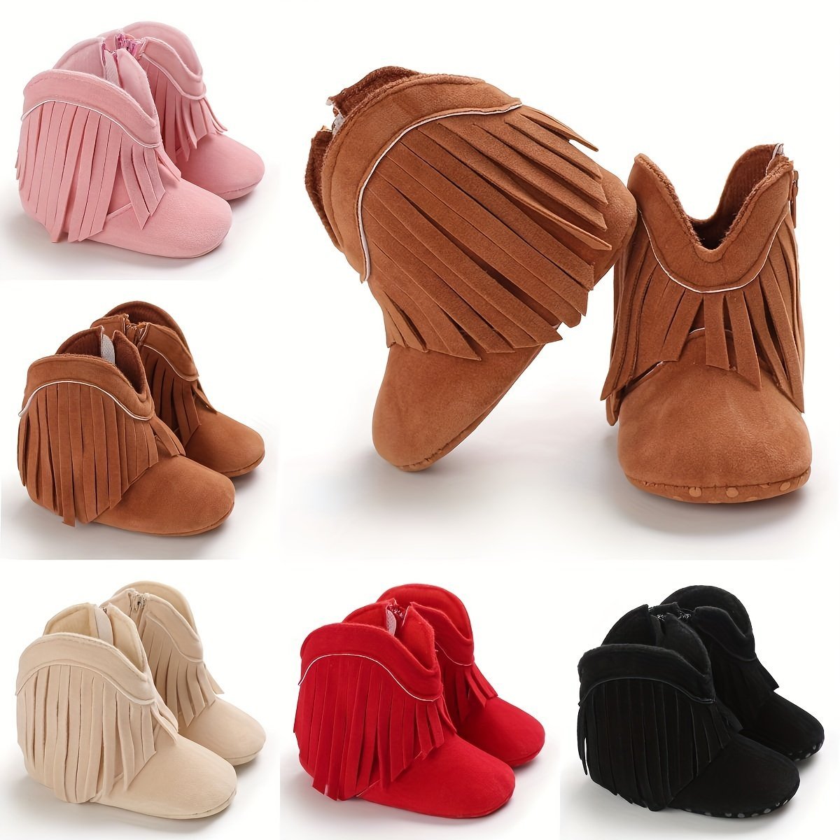 product-Fancyalgo-VirtualModelMatting-0e871650a703492cea61a77a0dfa3bbb.jpg Toddler Ankle High Zippered Boots With Tassels, Geometric Pattern, Soft Fabric Upper/Insole/Sole, Round Toe, Platform Heel, Fashionable Walking Shoes For Baby Girls 0-1 Years, Spring/Fall Collection - Image 1