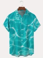 Men'S Hawaiian Ripple Print Button- Shirt, 100% Polyester, Turquoise Blue With White Geometric Pattern, Short Sleeve, Lapel Collar, Regular Fit, Summer Vacation Style, Casual Beachwear, Resort Attire | Hawaiian Shirt | Quality Resort Wear, Plus Size - Image 5