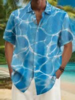 Men'S Hawaiian Ripple Print Button- Shirt, 100% Polyester, Turquoise Blue With White Geometric Pattern, Short Sleeve, Lapel Collar, Regular Fit, Summer Vacation Style, Casual Beachwear, Resort Attire | Hawaiian Shirt | Quality Resort Wear, Plus Size - Image 3