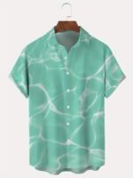 Men'S Hawaiian Ripple Print Button- Shirt, 100% Polyester, Turquoise Blue With White Geometric Pattern, Short Sleeve, Lapel Collar, Regular Fit, Summer Vacation Style, Casual Beachwear, Resort Attire | Hawaiian Shirt | Quality Resort Wear, Plus Size - Image 7