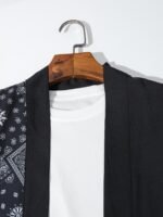 Men'S Lightweight Summer Kimono Cardigan With Black & White Crane And Wave Print, 3/4 Sleeve Casual Polyester Shirt For Adults - Image 8