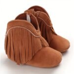 Toddler Ankle High Zippered Boots With Tassels, Geometric Pattern, Soft Fabric Upper/Insole/Sole, Round Toe, Platform Heel, Fashionable Walking Shoes For Baby Girls 0-1 Years, Spring/Fall Collection - Image 2