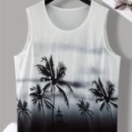 Men'S Tropical Palm Tree Print Sleeveless Tank Top - Casual, Breathable Polyester Beach Vest With Round Neckline, Machine Washable For Summer, Plus Size