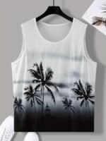 Men'S Tropical Palm Tree Print Sleeveless Tank Top - Casual, Breathable Polyester Beach Vest With Round Neckline, Machine Washable For Summer, Plus Size
