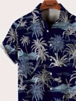 Men'S Hawaiian Coconut Tree Print Button-Up Shirt - Tropical Vacation Style Short Sleeve Summer Shirt With Navy Blue & White Palm Design, Machine Washable Regular Fit For Beach Outings & Casual Wear, Hawaiian Shirt, Nontransparent Fabric, Plus Size - Image 6