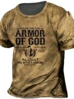 Men'S Vintage 3D Digital Graphic T-Shirt - Distressed Armor Of God Religious Design With Ephesians 6:11 Scripture, Casual Short Sleeve Round Neck Tee, Machine Washable All-Season Comfort Fit, Vintage T Shirts, Bold Printed Shirt, Comfortable Clothing, Plus Size