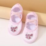 Girls' Ballet Shoes With Sequin Embellishments & Butterfly Sparkle - Breathable Canvas Pointe Shoes For Dance, Yoga, Ballet Practice - Soft Pink & Light Pink Geometric Pattern, Ribbons & Elastic Straps - Image 4