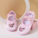 Girls' Ballet Shoes With Sequin Embellishments & Butterfly Sparkle - Breathable Canvas Pointe Shoes For Dance, Yoga, Ballet Practice - Soft Pink & Light Pink Geometric Pattern, Ribbons & Elastic Straps - Image 5