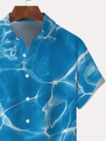Men'S Hawaiian Ripple Print Button- Shirt, 100% Polyester, Turquoise Blue With White Geometric Pattern, Short Sleeve, Lapel Collar, Regular Fit, Summer Vacation Style, Casual Beachwear, Resort Attire | Hawaiian Shirt | Quality Resort Wear, Plus Size - Image 9