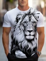 Men'S Casual Black & White Lion Graphic T-Shirt - Short Sleeve, Round Neck, Comfortable Polyester Blend, Summer Style, Versatile For Casual Attire, Everyday Tshirt | Graphic Tee | Durable Print