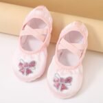 Girls' Ballet Shoes With Sequin Embellishments & Butterfly Sparkle - Breathable Canvas Pointe Shoes For Dance, Yoga, Ballet Practice - Soft Pink & Light Pink Geometric Pattern, Ribbons & Elastic Straps - Image 3