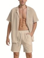Men'S Cotton-Like Casual Shorts - Lightweight Beige Loose-Fit Drawstring Waist Non-Stretch Fabric For Beach, Wedding, Everyday - Machine Washable Breathable Pants For Adults, Beachwear Essentials, Simple Design, Comfortable Material, Lounge Wear, Vacation Outfit - Image 7