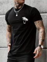 Sketch Style Palm Tree Pattern Top Casual Mid Stretch Short Sleeve Crew Neck Graphic T-Shirt, Men'S Tee For Summer Outdoor - Image 6