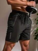 Men'S Casual Black Drawstring Shorts With Zipper Pockets - Lightweight Polyester, Letter Print, Ideal For Summer Workouts & Beach Activities - Image 2
