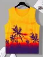 Men'S Tropical Palm Tree Print Sleeveless Tank Top - Casual, Breathable Polyester Beach Vest With Round Neckline, Machine Washable For Summer, Plus Size - Image 2
