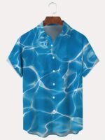 Men'S Hawaiian Ripple Print Button- Shirt, 100% Polyester, Turquoise Blue With White Geometric Pattern, Short Sleeve, Lapel Collar, Regular Fit, Summer Vacation Style, Casual Beachwear, Resort Attire | Hawaiian Shirt | Quality Resort Wear, Plus Size - Image 6
