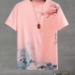 Landscape Painting Pattern Men'S T-Shirt, Creative Streetwear, Comfy Chic Casual Top, Plus Size Men Clothing