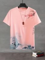 Landscape Painting Pattern Men'S T-Shirt, Creative Streetwear, Comfy Chic Casual Top, Plus Size Men Clothing