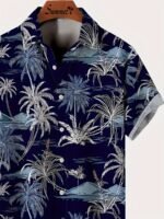 Men'S Hawaiian Coconut Tree Print Button-Up Shirt - Tropical Vacation Style Short Sleeve Summer Shirt With Navy Blue & White Palm Design, Machine Washable Regular Fit For Beach Outings & Casual Wear, Hawaiian Shirt, Nontransparent Fabric, Plus Size - Image 4