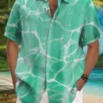 Men'S Hawaiian Ripple Print Button- Shirt, 100% Polyester, Turquoise Blue With White Geometric Pattern, Short Sleeve, Lapel Collar, Regular Fit, Summer Vacation Style, Casual Beachwear, Resort Attire | Hawaiian Shirt | Quality Resort Wear, Plus Size
