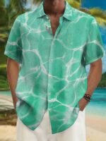Men'S Hawaiian Ripple Print Button- Shirt, 100% Polyester, Turquoise Blue With White Geometric Pattern, Short Sleeve, Lapel Collar, Regular Fit, Summer Vacation Style, Casual Beachwear, Resort Attire | Hawaiian Shirt | Quality Resort Wear, Plus Size
