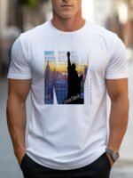 Men'S Casual Crew Neck T-Shirt With Ny City Skyline Print, Alphabet Slogan, Polyester Knit Fabric, Slight Stretch, Regular Fit, Summer Wear - Mbdmbd - Image 5