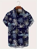 Men'S Hawaiian Coconut Tree Print Button-Up Shirt - Tropical Vacation Style Short Sleeve Summer Shirt With Navy Blue & White Palm Design, Machine Washable Regular Fit For Beach Outings & Casual Wear, Hawaiian Shirt, Nontransparent Fabric, Plus Size - Image 2