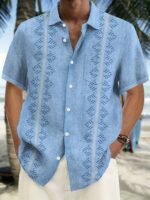 Men'S Vintage Leaf Pattern Button-Up Shirt With Chest Pocket - Light Blue Short Sleeve, Summer Resort Wear, Polyester Fabric, Classic Collar Design, Vacation Clothing | Weave Texture | Glossy Finish, Plus Size