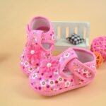 0-1 Year Old Baby Soft Sole Shoes - Pink Floral Design With Sequin Flowers, Lightweight Fabric, Easy Closure, All-Season Comfort For Little Feet, Spring & Fall Footwear | Floral Baby Shoes | Adjustable Strap Shoes - Image 3