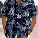 Men'S Hawaiian Coconut Tree Print Button-Up Shirt - Tropical Vacation Style Short Sleeve Summer Shirt With Navy Blue & White Palm Design, Machine Washable Regular Fit For Beach Outings & Casual Wear, Hawaiian Shirt, Nontransparent Fabric, Plus Size