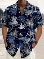 Men'S Hawaiian Coconut Tree Print Button-Up Shirt - Tropical Vacation Style Short Sleeve Summer Shirt With Navy Blue & White Palm Design, Machine Washable Regular Fit For Beach Outings & Casual Wear, Hawaiian Shirt, Nontransparent Fabric, Plus Size