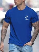 Sketch Style Palm Tree Pattern Top Casual Mid Stretch Short Sleeve Crew Neck Graphic T-Shirt, Men'S Tee For Summer Outdoor