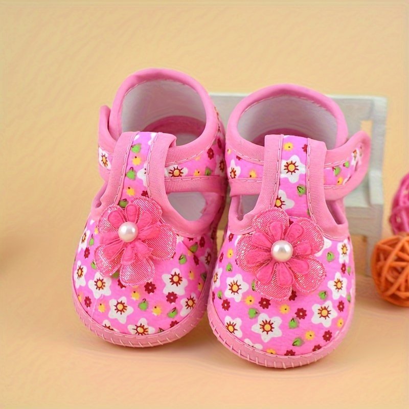 product-Fancyalgo-VirtualModelMatting-d63da5cbab5b6e1d5730880b9ccb873e.jpg 0-1 Year Old Baby Soft Sole Shoes - Pink Floral Design With Sequin Flowers, Lightweight Fabric, Easy Closure, All-Season Comfort For Little Feet, Spring & Fall Footwear | Floral Baby Shoes | Adjustable Strap Shoes - Image 1