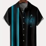 Men'S Retro Music Note Gradient Stripe Casual Shirt - Short Sleeve Button-Up With Chest Pocket, Digital Print Summer Shirt For Adults, Machine Washable, Plus Size