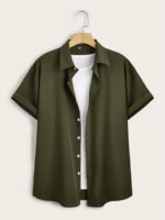 Gentle Care Men'S Plus Size Solid Color Button- Shirt - Polyester, Lapel Collar, Short Sleeve Dress Blouse With Chest Pocket, Allseason Apparel | Solid Color Top | Simple Design, Plus Size