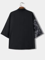 Men'S Lightweight Summer Kimono Cardigan With Black & White Crane And Wave Print, 3/4 Sleeve Casual Polyester Shirt For Adults - Image 5