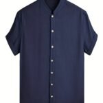 Men'S Plus Size Casual Shirt, Mandarin Collar, Short Sleeve, Solid Color, Button Detail, Non-Stretch, Woven, Regular Fit, Summer Beach Loose Top