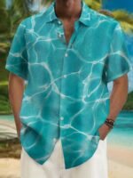 Men'S Hawaiian Ripple Print Button- Shirt, 100% Polyester, Turquoise Blue With White Geometric Pattern, Short Sleeve, Lapel Collar, Regular Fit, Summer Vacation Style, Casual Beachwear, Resort Attire | Hawaiian Shirt | Quality Resort Wear, Plus Size - Image 2